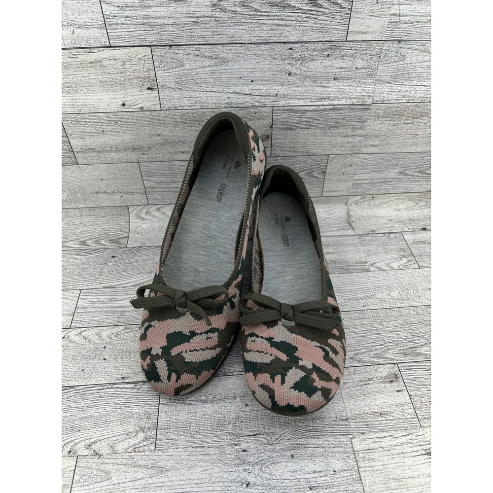 Clarks Women Camo Ballet Flats Pink Green Brown Bow Slip On Shoes Size 8M